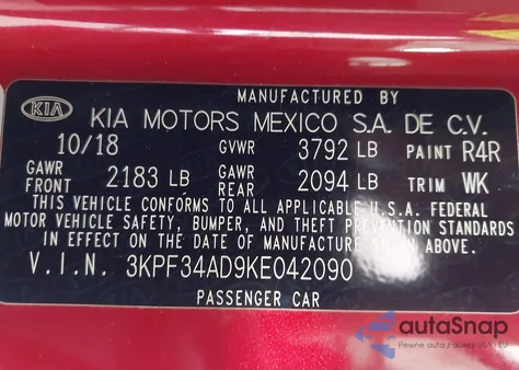 2019 Kia Forte S из США, поврежденный, VIN 3KPF34AD9KE042090